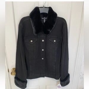 Black Denim Jacket with faux fur collar and cuffs XXL. NWT